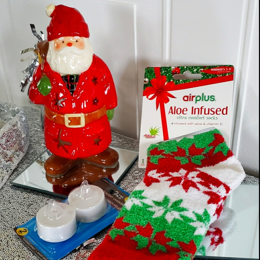 Ceramic Santa Tea Light and Aloe Infused Socks Size 5-11
